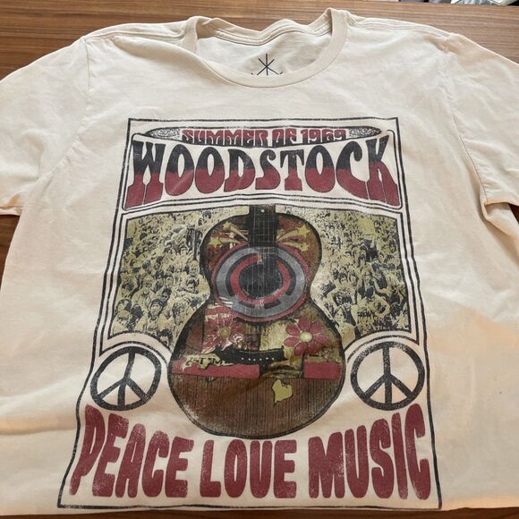 Life Clothing Co. Women T Shirt Sz L Cream Woodstock Graphic‎ Print Short Sleeve - Picture 1 of 6